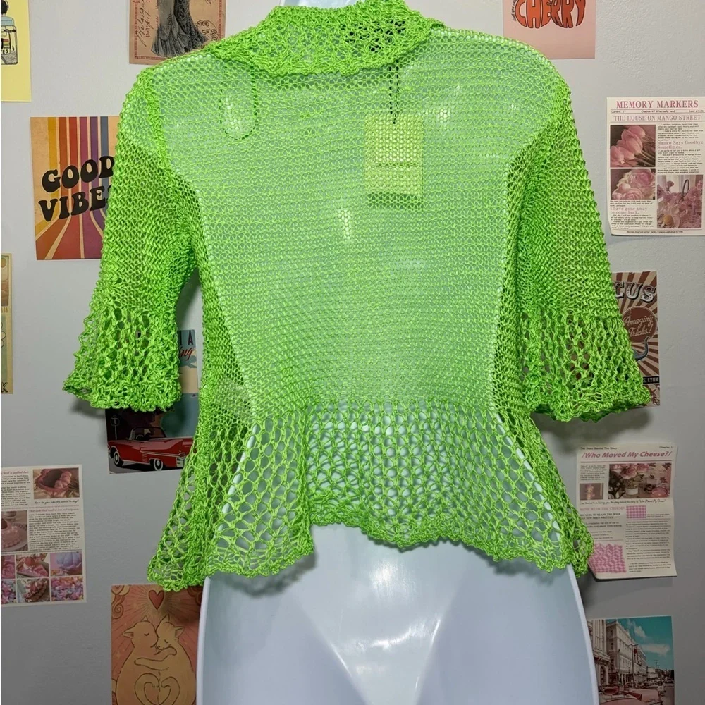 Zara Bright Lime Green Crochet Button-Up Cardigan